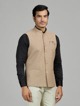 Dark beige textured jute waistcoat for men