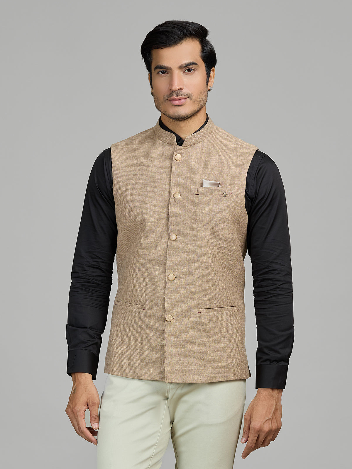 Dark beige textured jute waistcoat for men