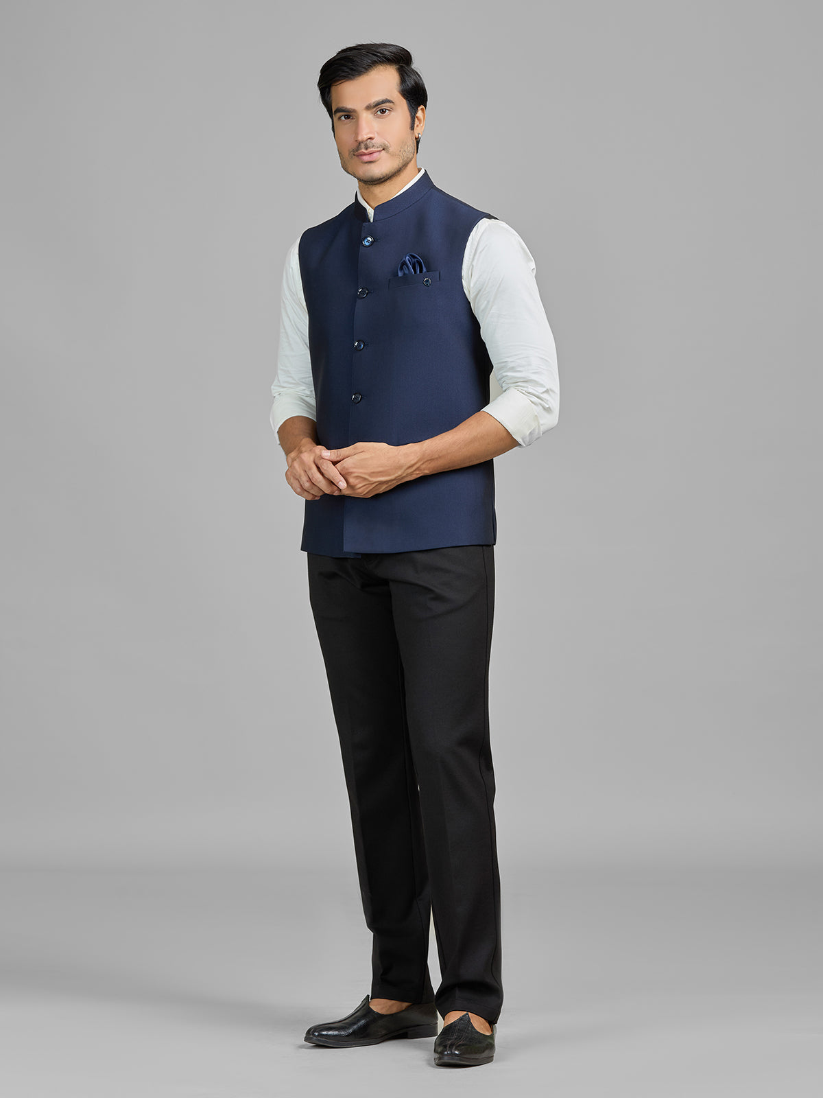 Navy blue terry rayon waistcoat for wedding wear