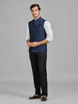 Navy blue terry rayon waistcoat for wedding wear
