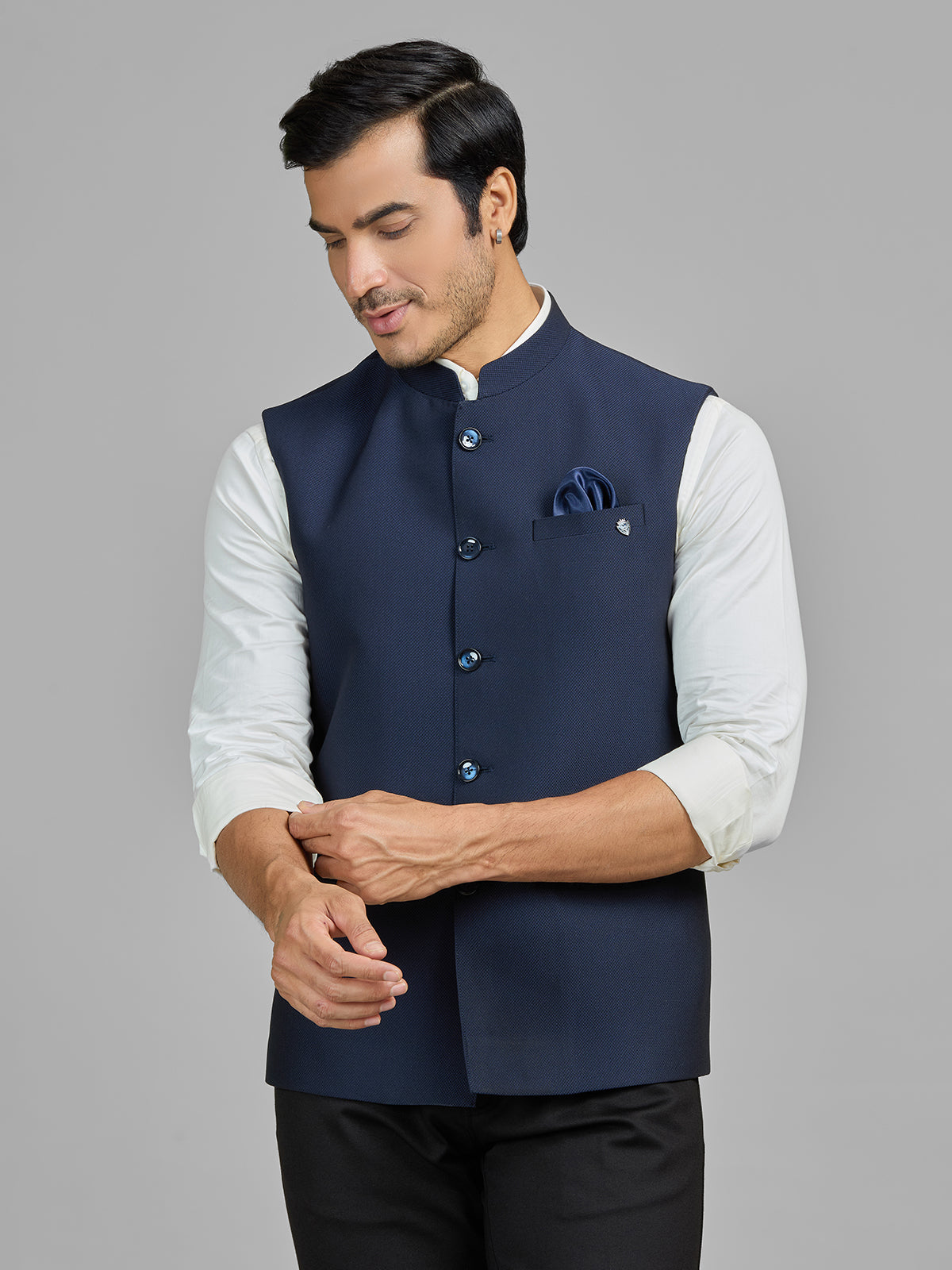 Navy blue terry rayon waistcoat for wedding wear
