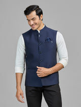 Navy blue terry rayon waistcoat for wedding wear