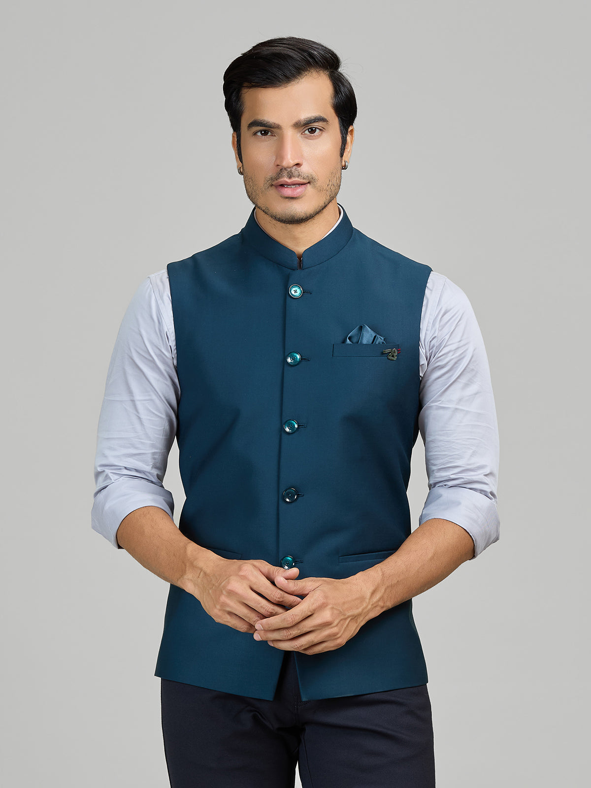 Teal blue party wear terry rayon waistcoat