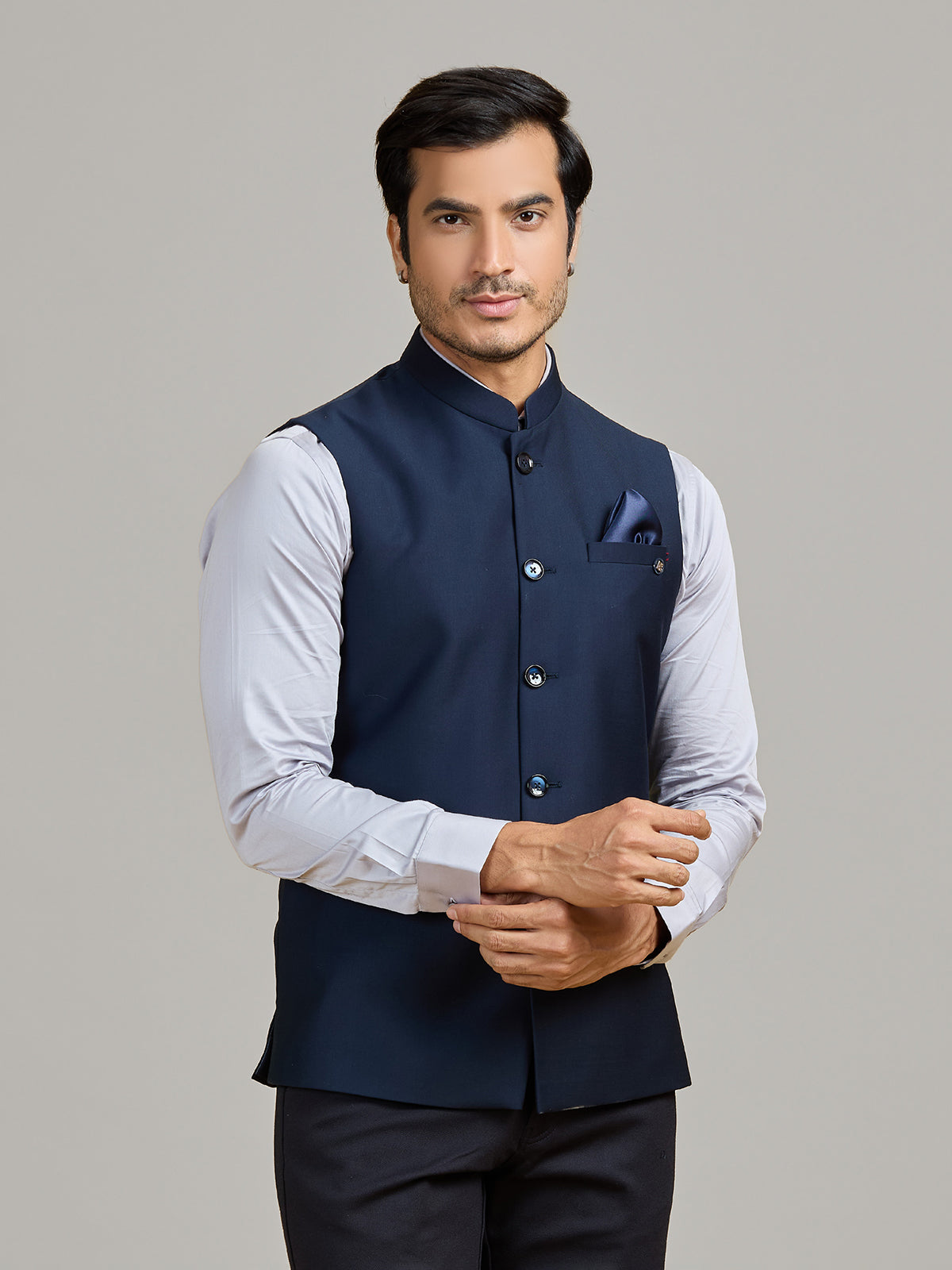 Navy premium terry rayon waistcoat for wedding wear