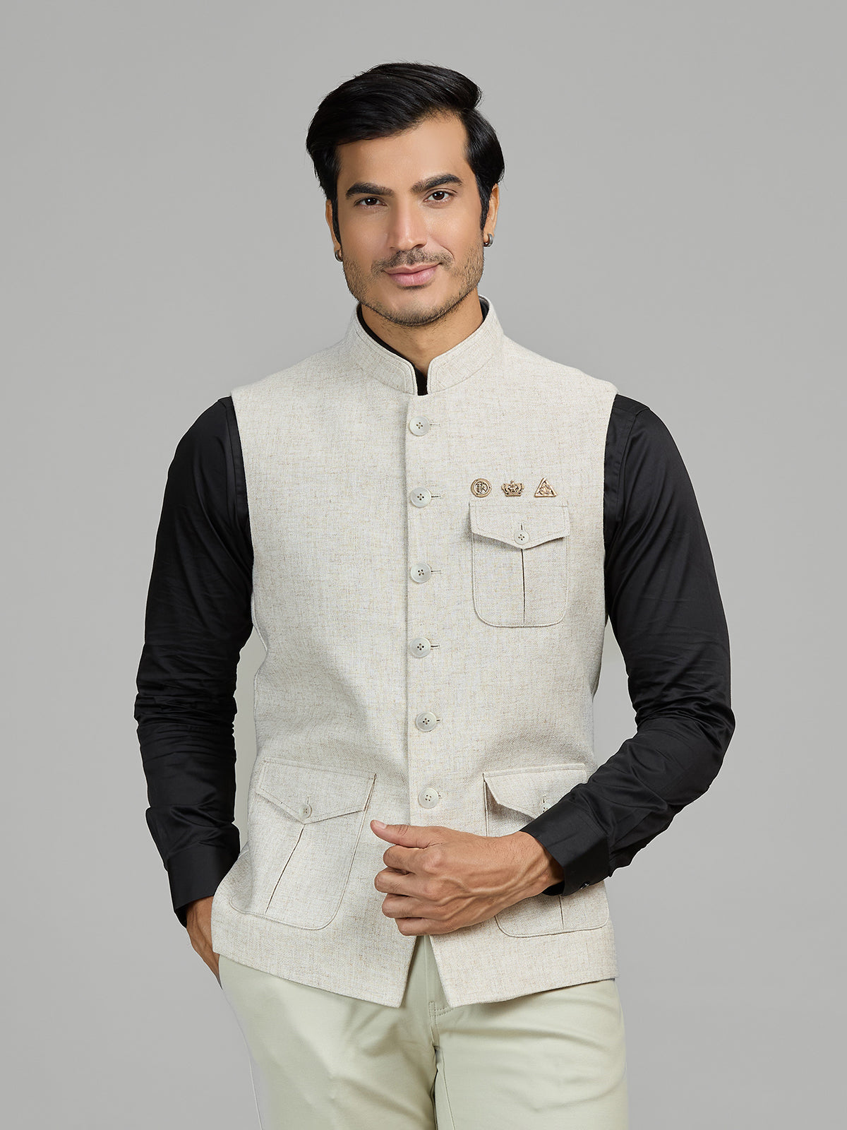 Light beige terry rayon waistcoat for reception wear