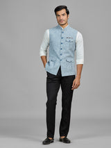 Sky blue terry rayon waistcoat with pocket detail