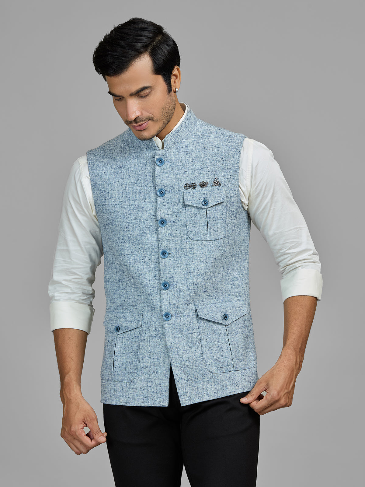 Sky blue terry rayon waistcoat with pocket detail