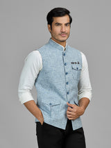 Sky blue terry rayon waistcoat with pocket detail