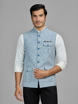 Sky blue terry rayon waistcoat with pocket detail