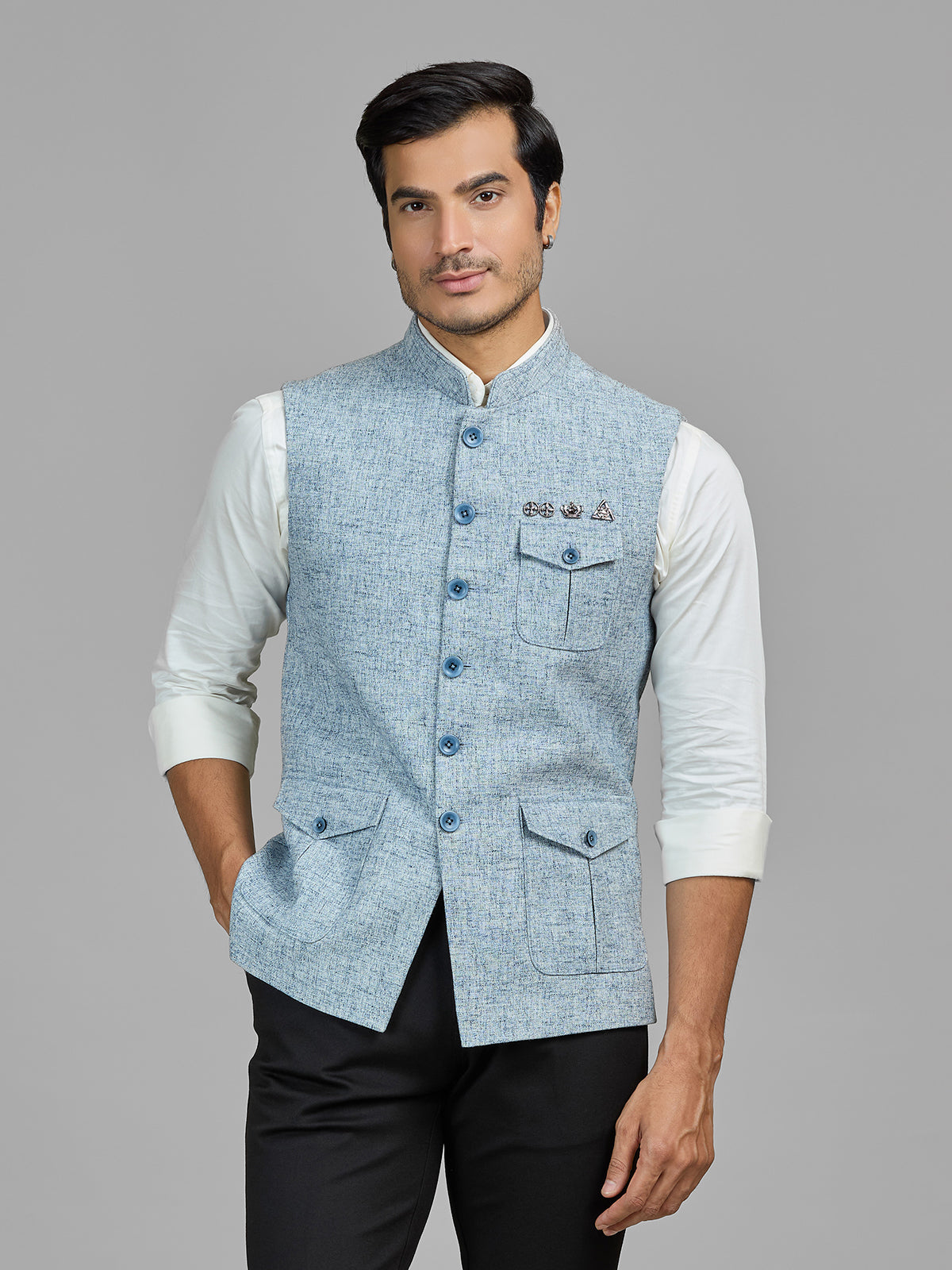 Sky blue terry rayon waistcoat with pocket detail