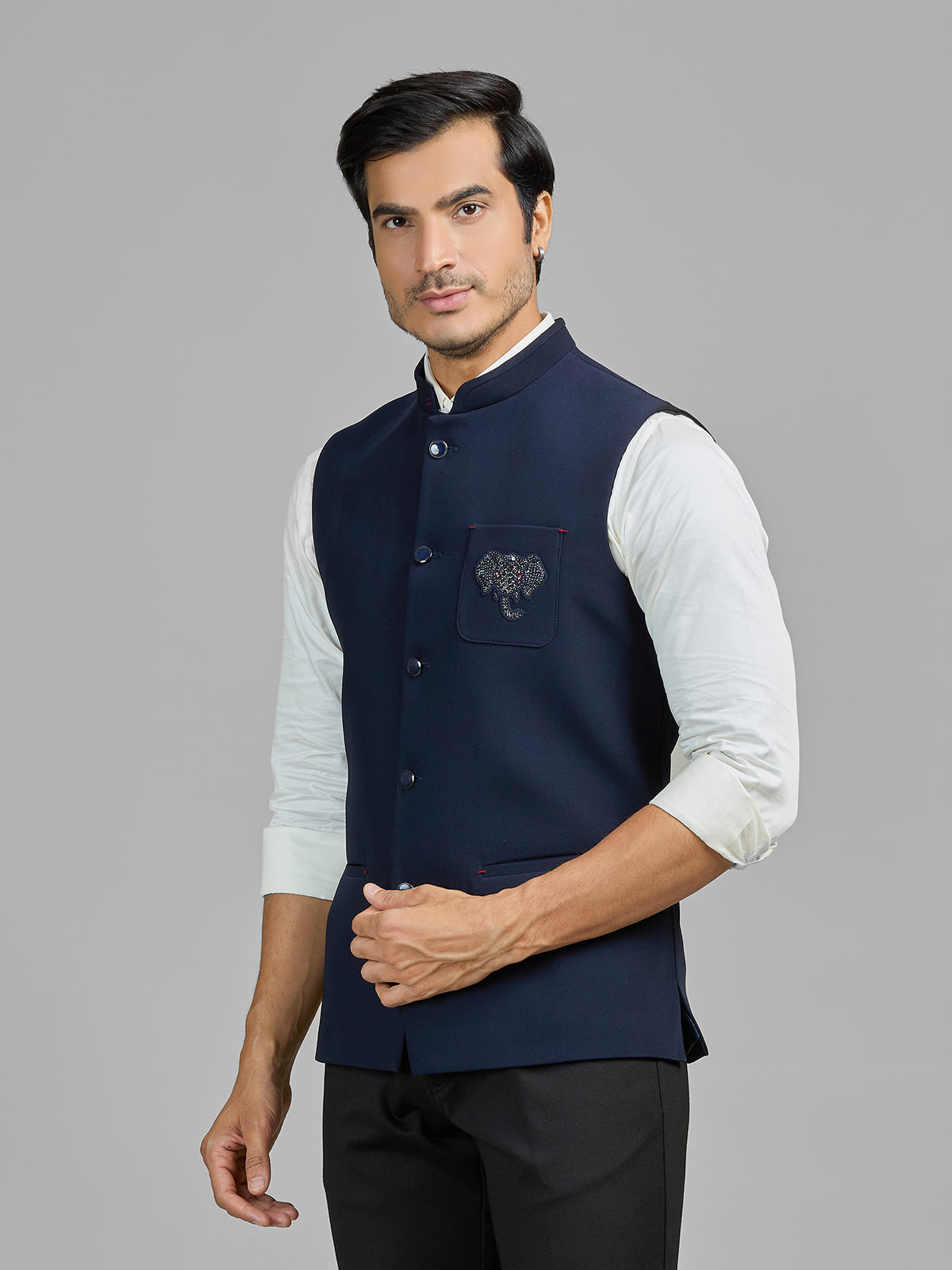 Navy terry rayon waistcoat with embellished pocket
