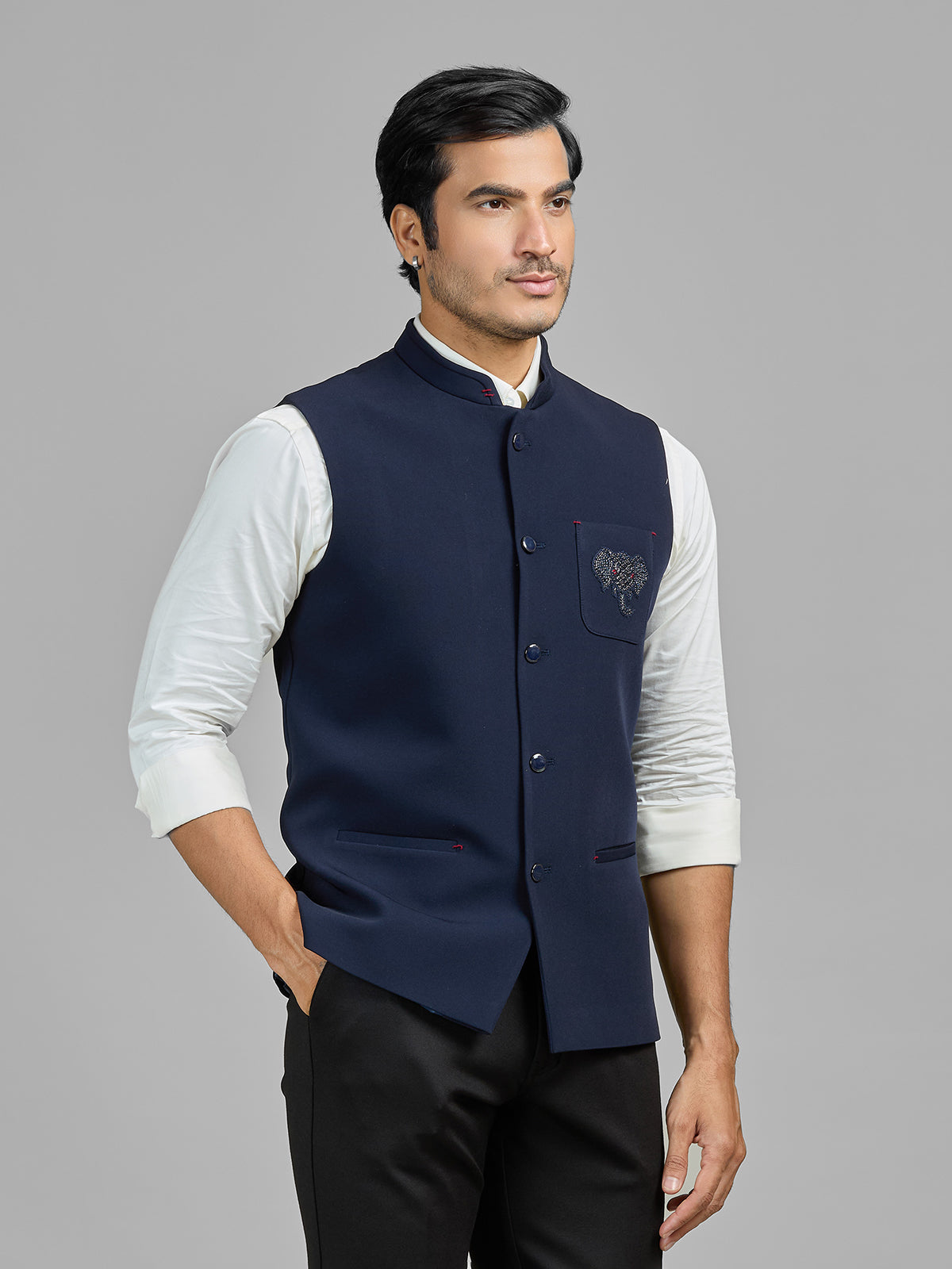 Navy terry rayon waistcoat with embellished pocket