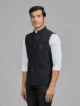 Black terry rayon waistcoat with embellished pocket