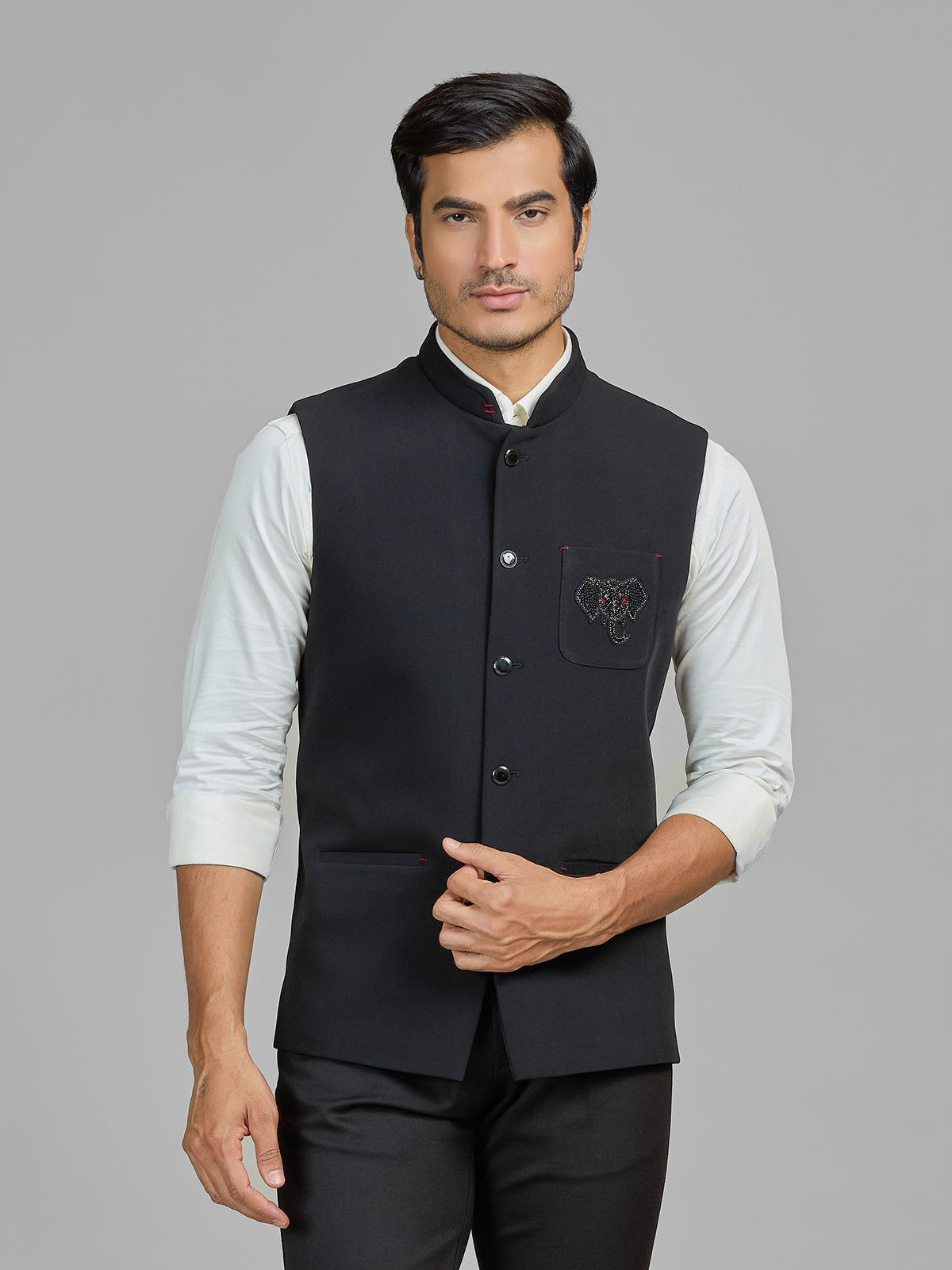 Black terry rayon waistcoat with embellished pocket
