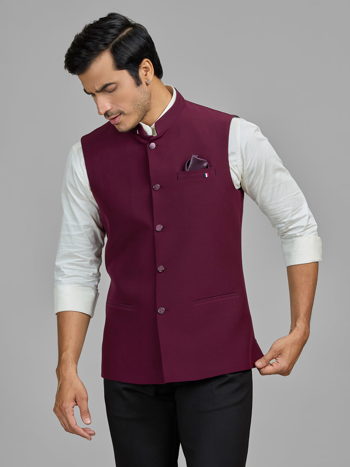 Wine terry rayon waistcoat for wedding wear