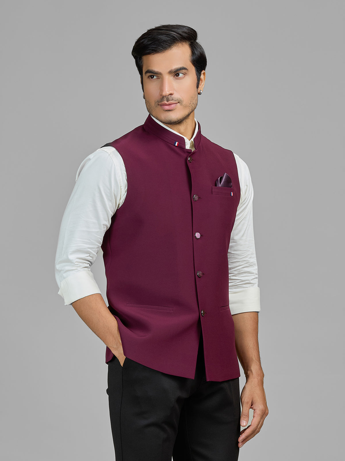 Wine terry rayon waistcoat for wedding wear