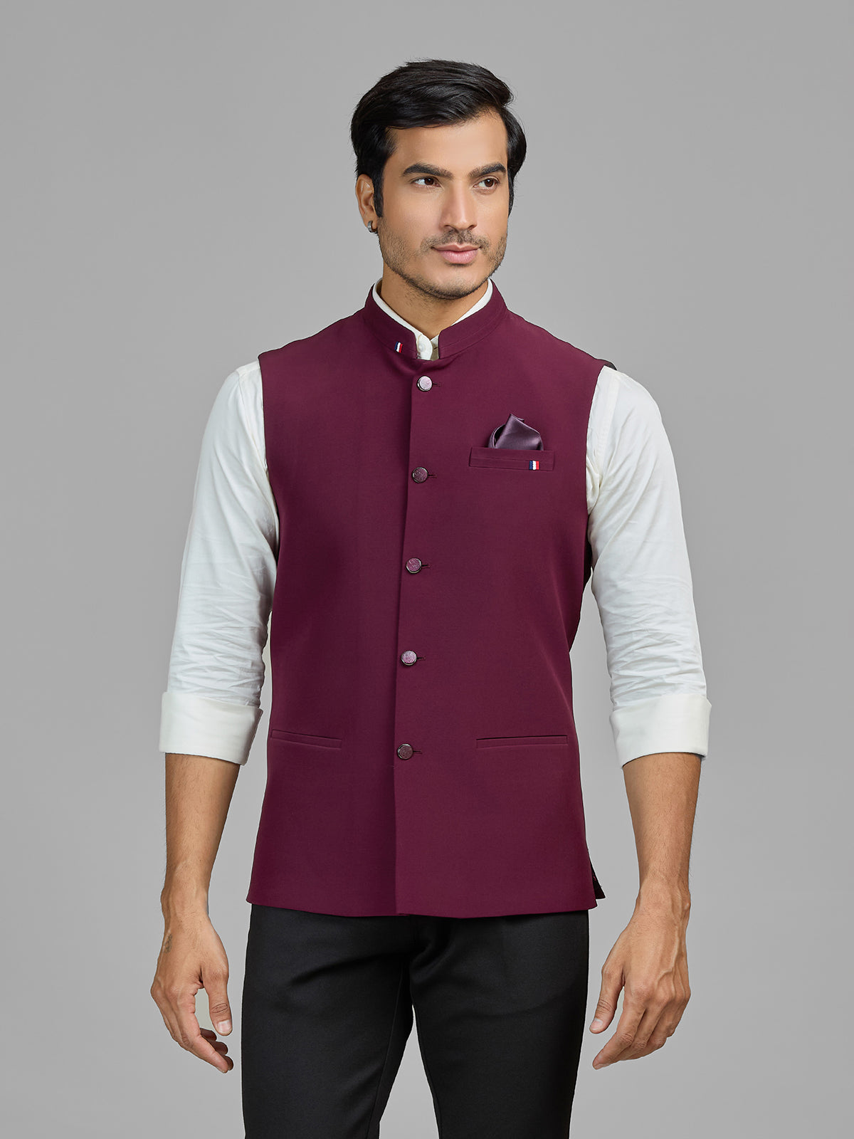 Wine terry rayon waistcoat for wedding wear