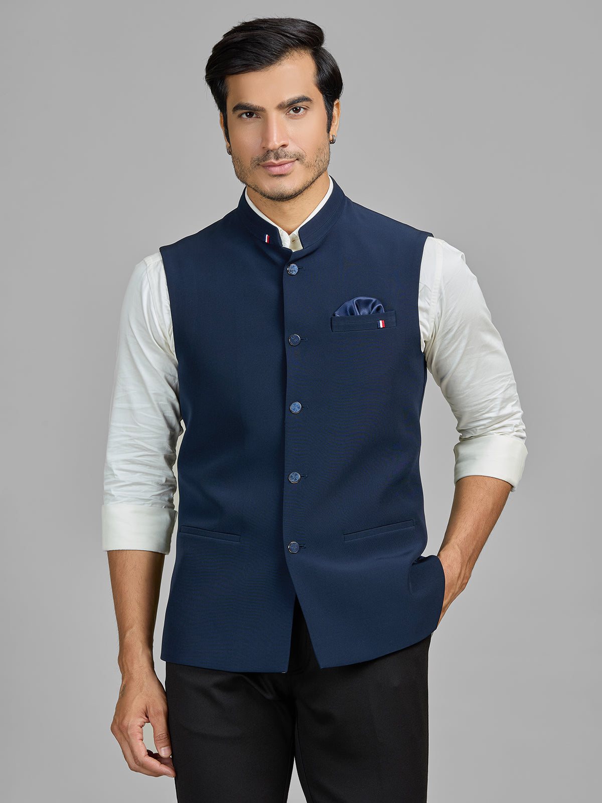 Navy terry rayon waistcoat for party wear