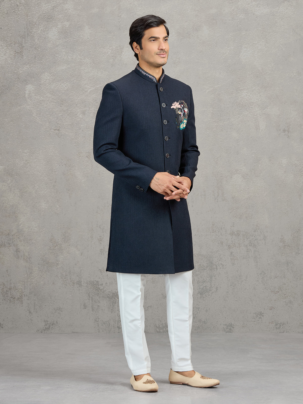 Navy linen viscose wedding wear indowestern set for men
