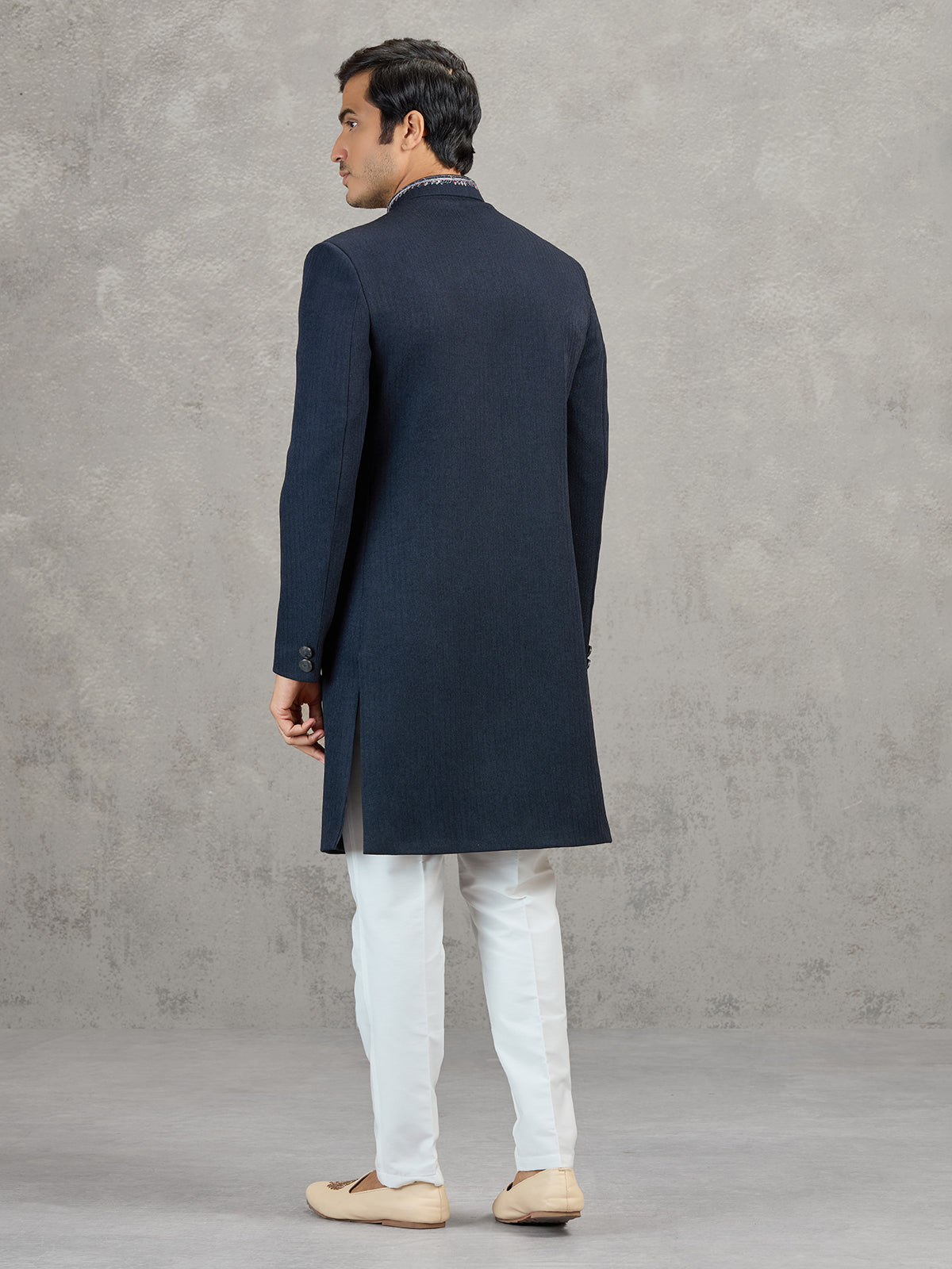 Navy linen viscose wedding wear indowestern set for men