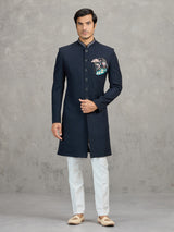 Navy linen viscose wedding wear indowestern set for men