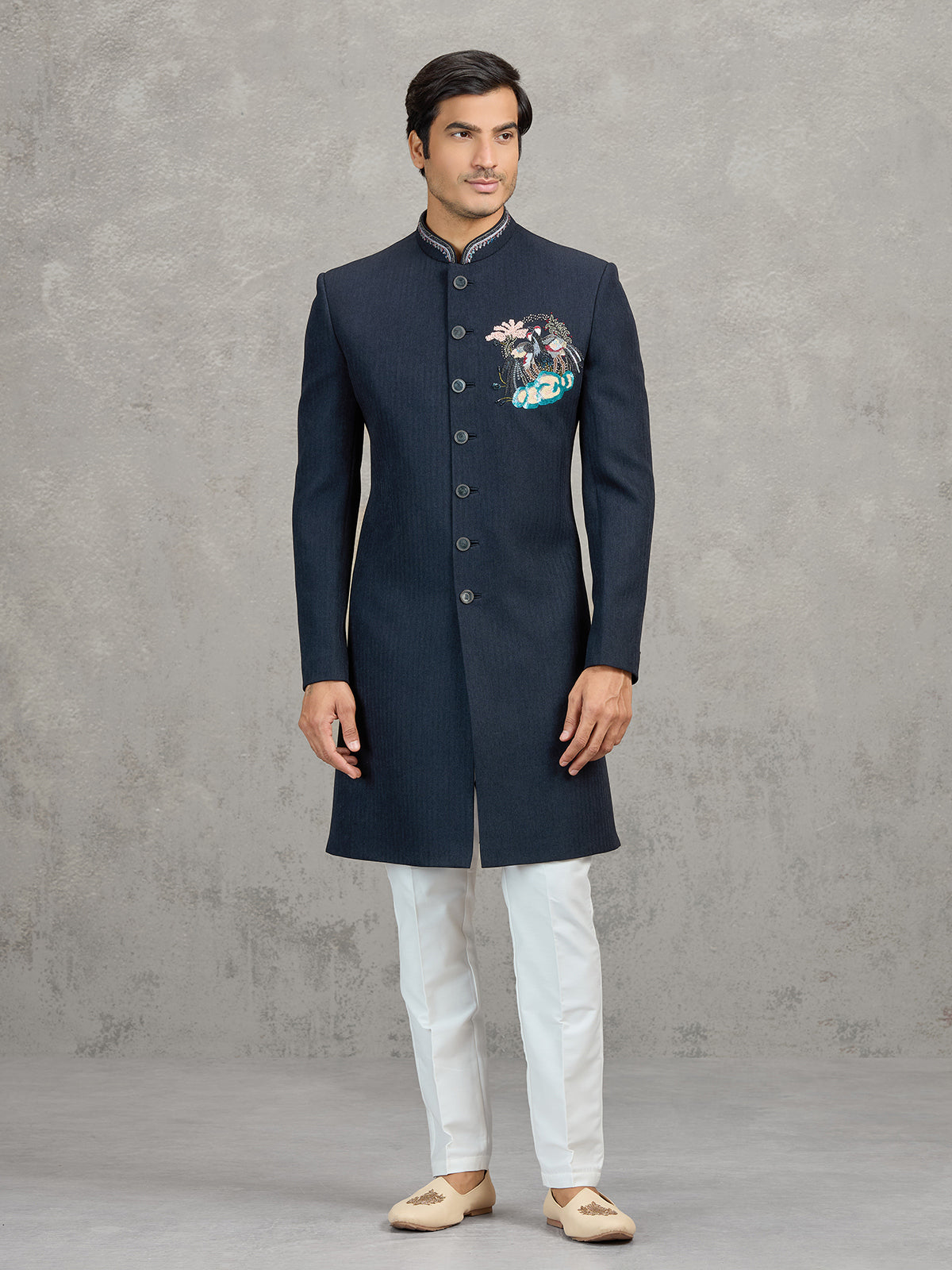 Navy linen viscose wedding wear indowestern set for men