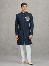 Navy linen viscose wedding wear indowestern set for men