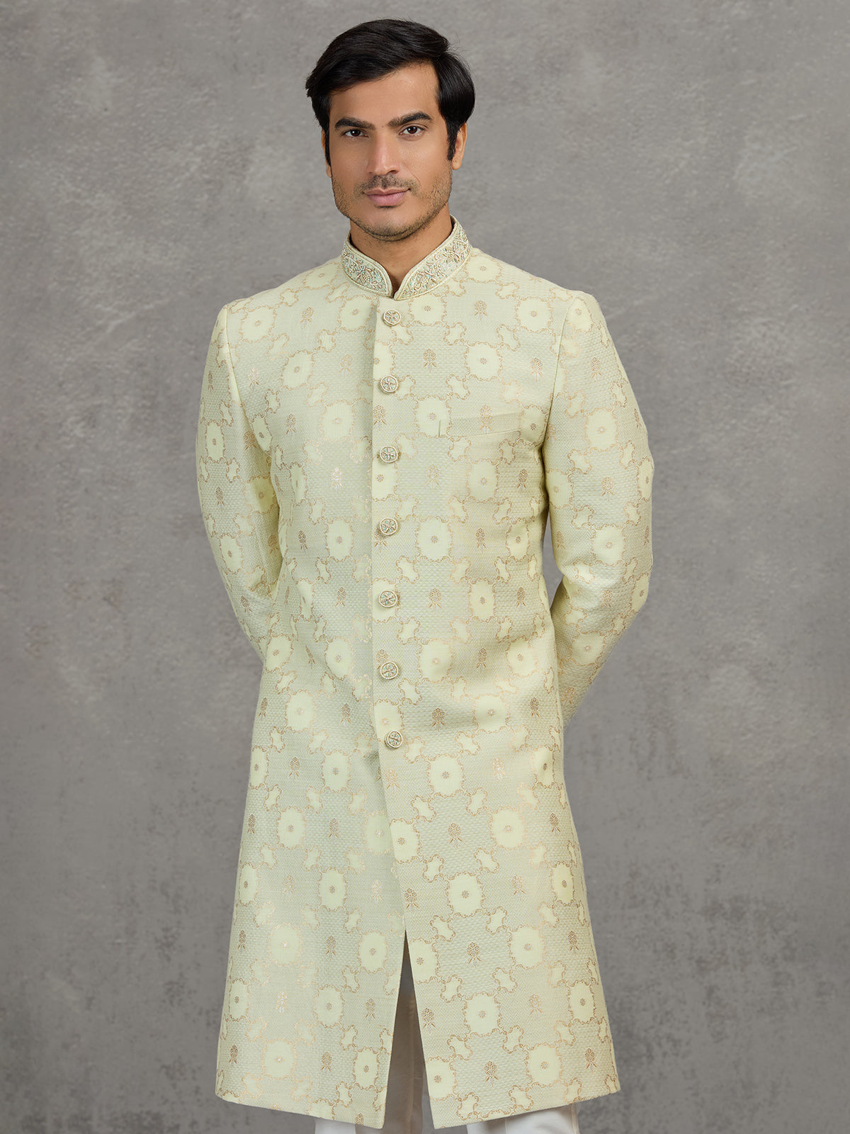 Ivory jacquard wedding indowestern set with zari work