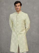 Ivory jacquard wedding indowestern set with zari work