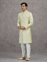 Ivory jacquard wedding indowestern set with zari work