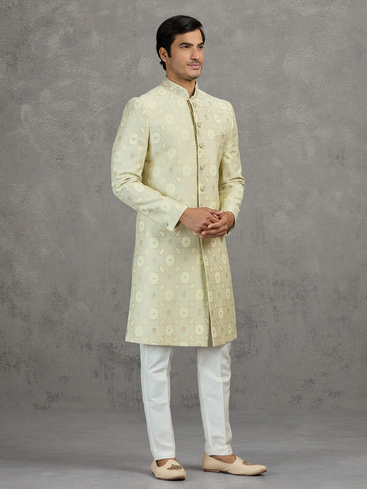 Ivory jacquard wedding indowestern set with zari work