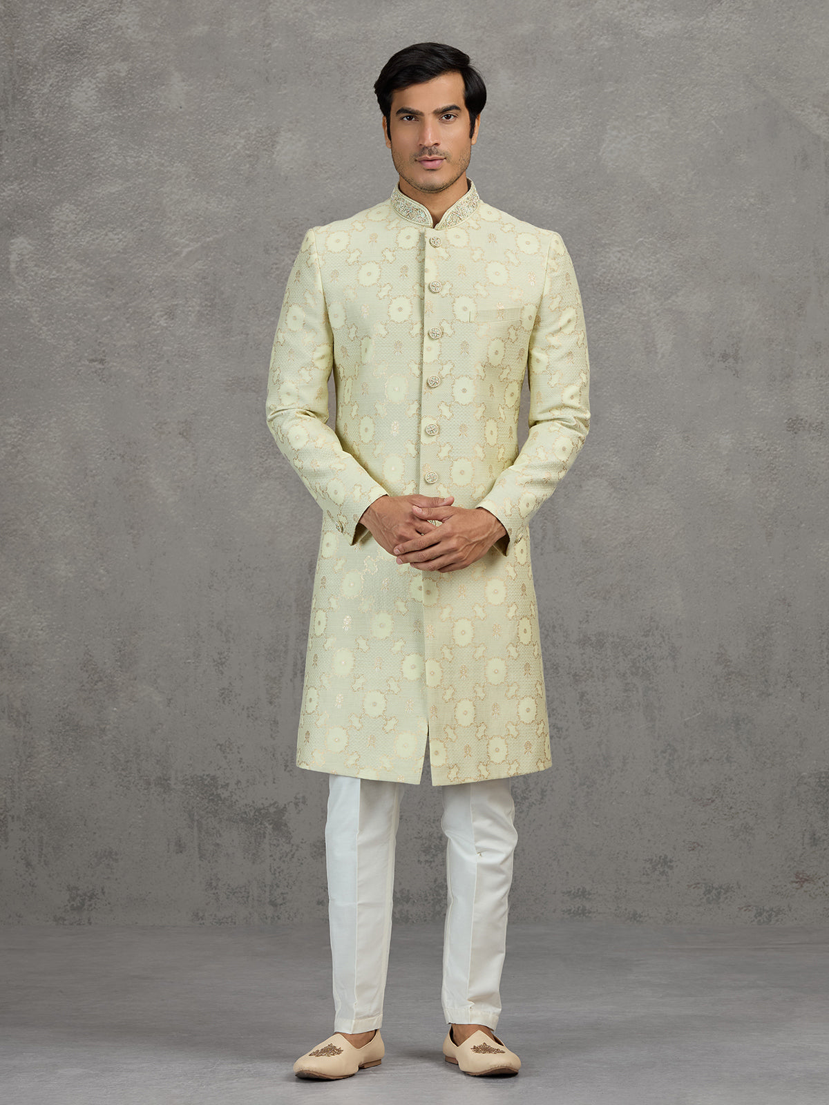 Ivory jacquard wedding indowestern set with zari work