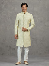 Ivory jacquard wedding indowestern set with zari work