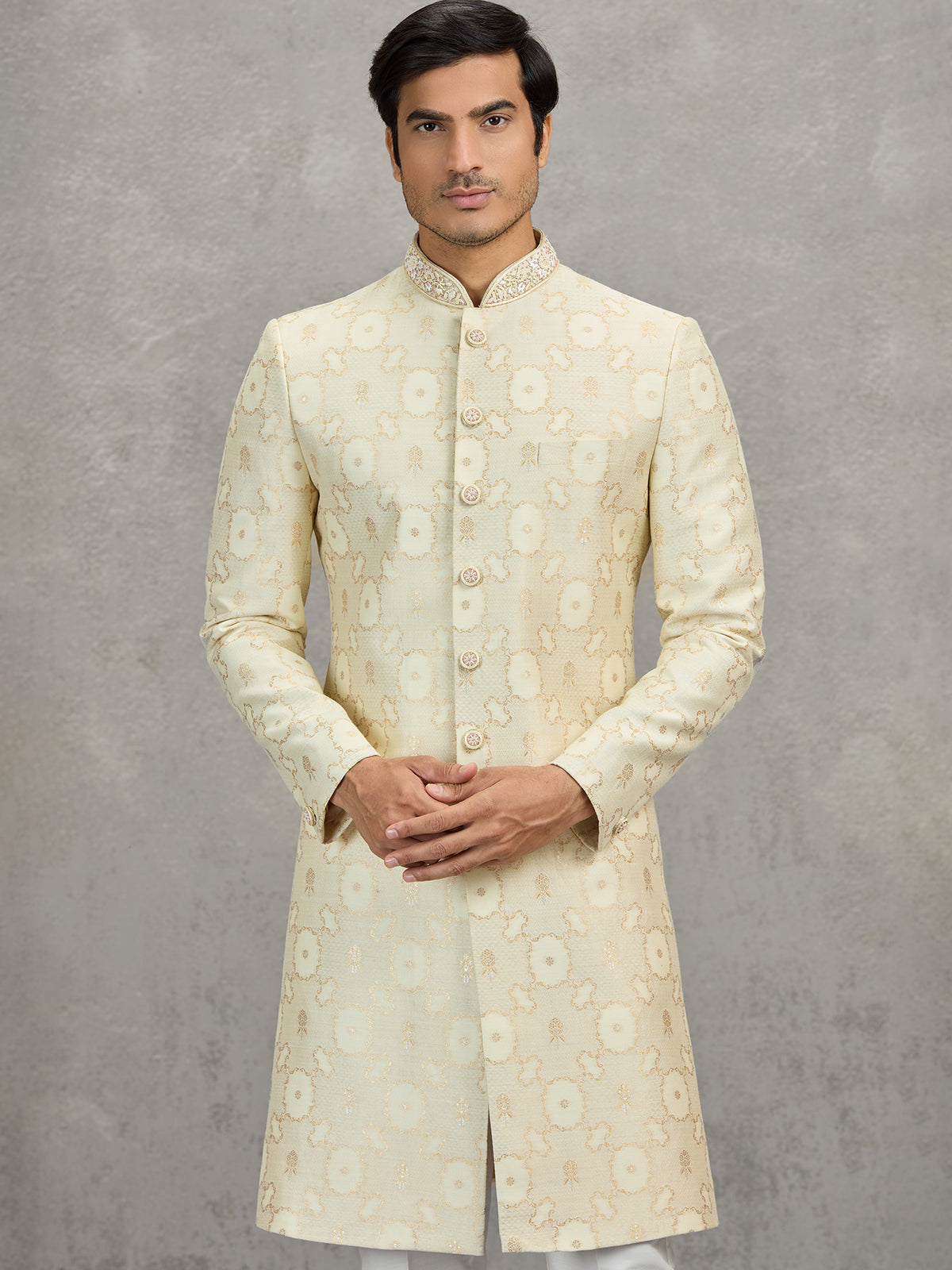 Cream jacquard zari worked indowestern set for weddings
