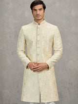 Cream jacquard zari worked indowestern set for weddings