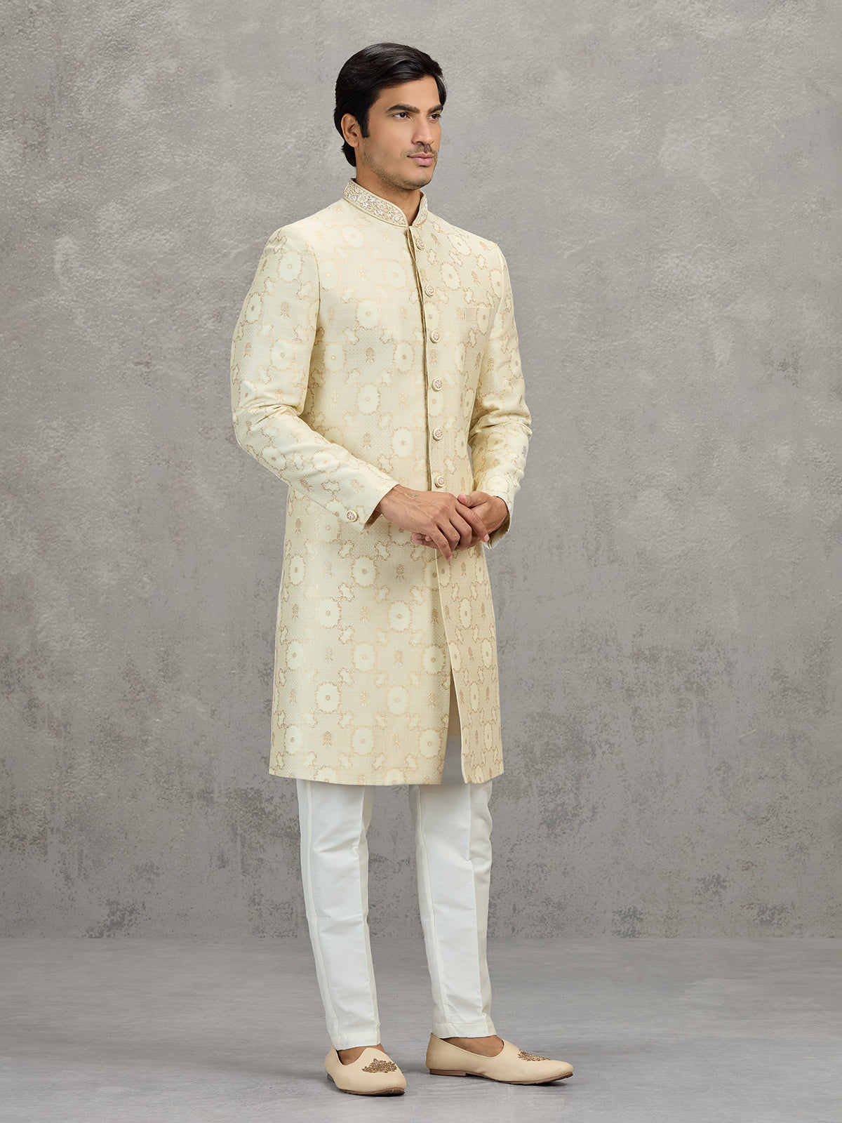 Cream jacquard zari worked indowestern set for weddings