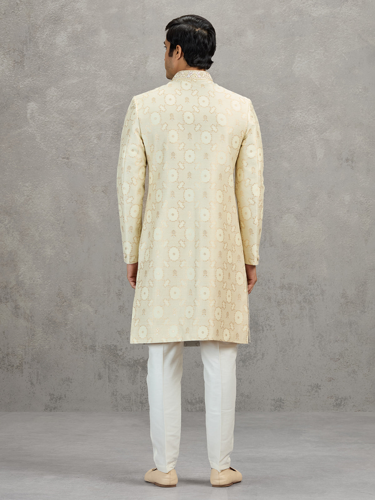 Cream jacquard zari worked indowestern set for weddings