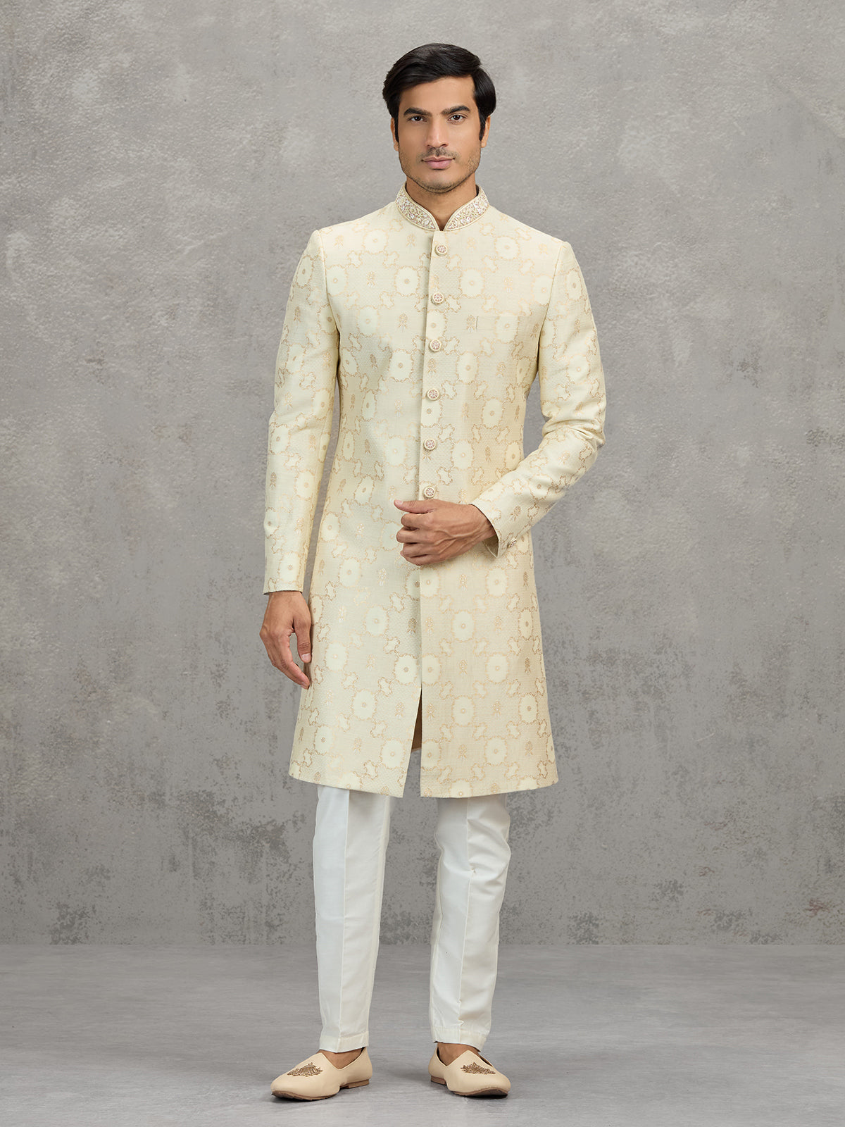 Cream jacquard zari worked indowestern set for weddings