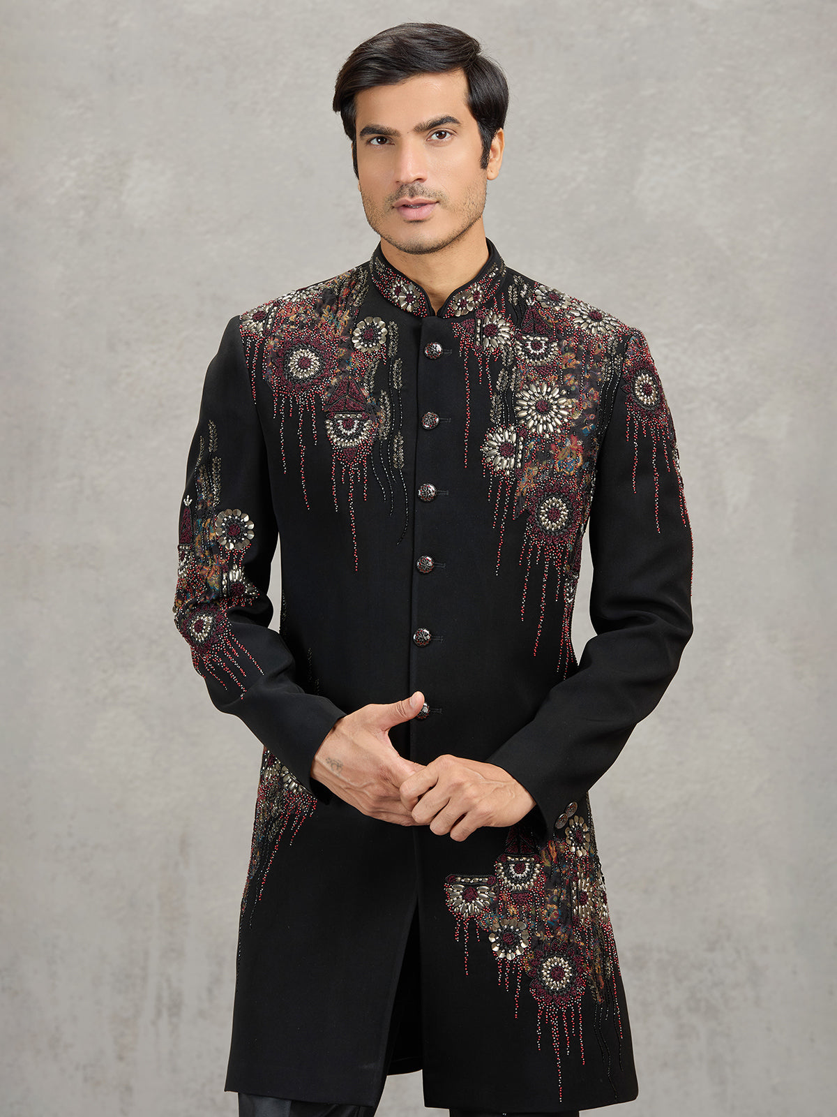 Black terry rayon indowestern set with rich embellishments