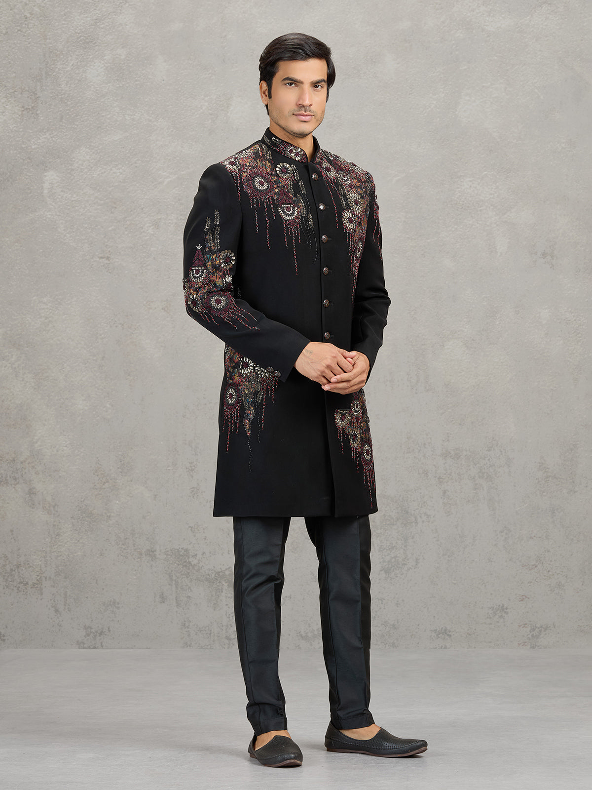 Black terry rayon indowestern set with rich embellishments