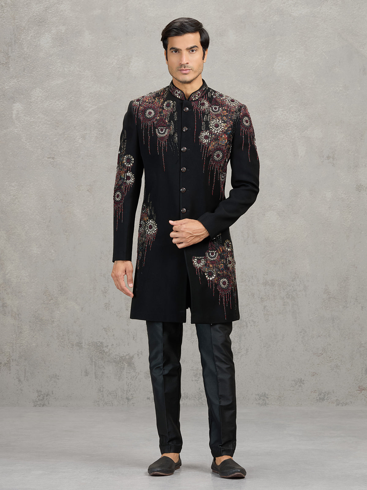 Black terry rayon indowestern set with rich embellishments