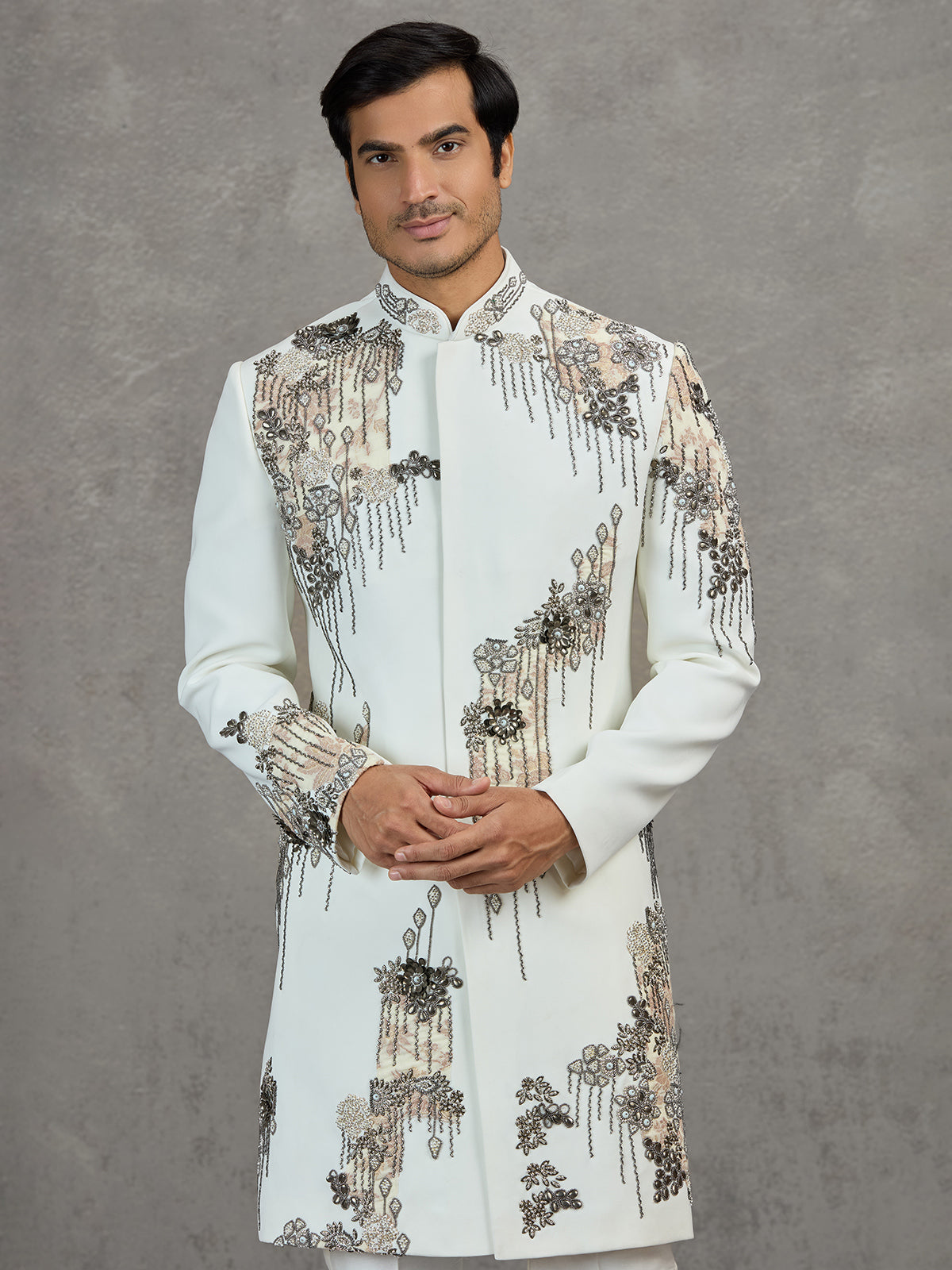 Off-white terry rayon wedding indowestern set with intricate detailing