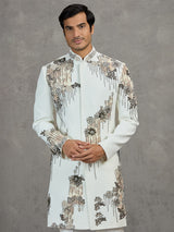 Off-white terry rayon wedding indowestern set with intricate detailing