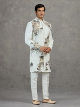 Off-white terry rayon wedding indowestern set with intricate detailing