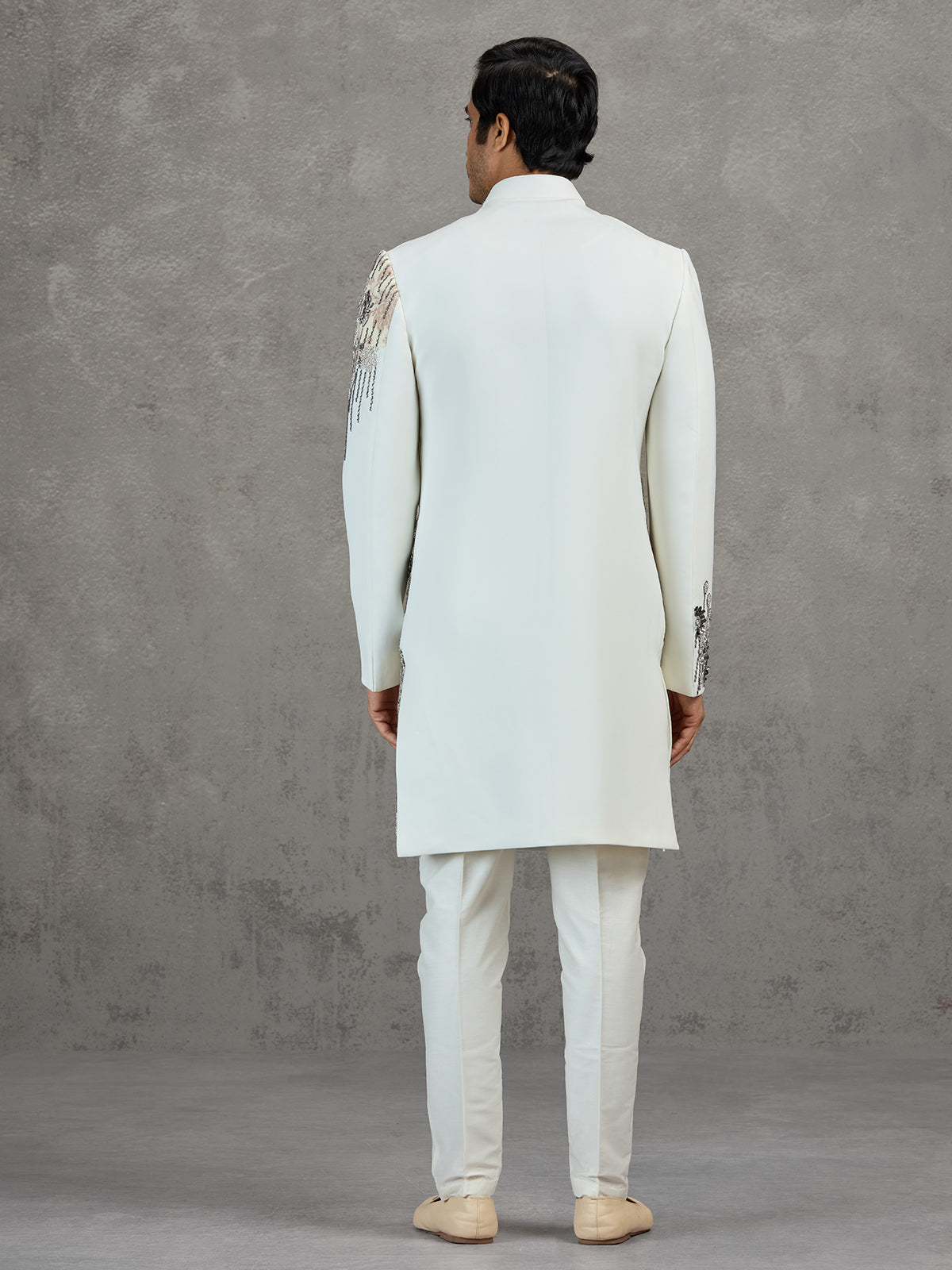 Off-white terry rayon wedding indowestern set with intricate detailing