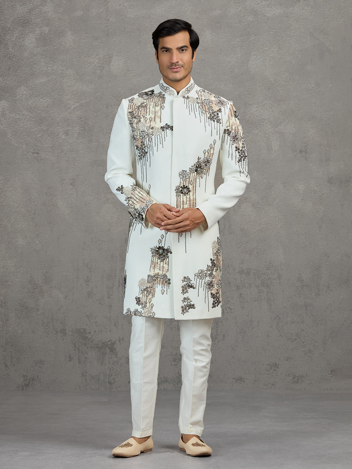 Off-white terry rayon wedding indowestern set with intricate detailing
