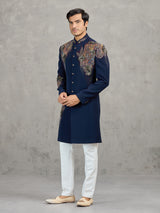 Navy terry rayon indowestern set with heavy embellishment