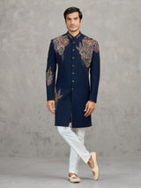 Navy terry rayon indowestern set with heavy embellishment
