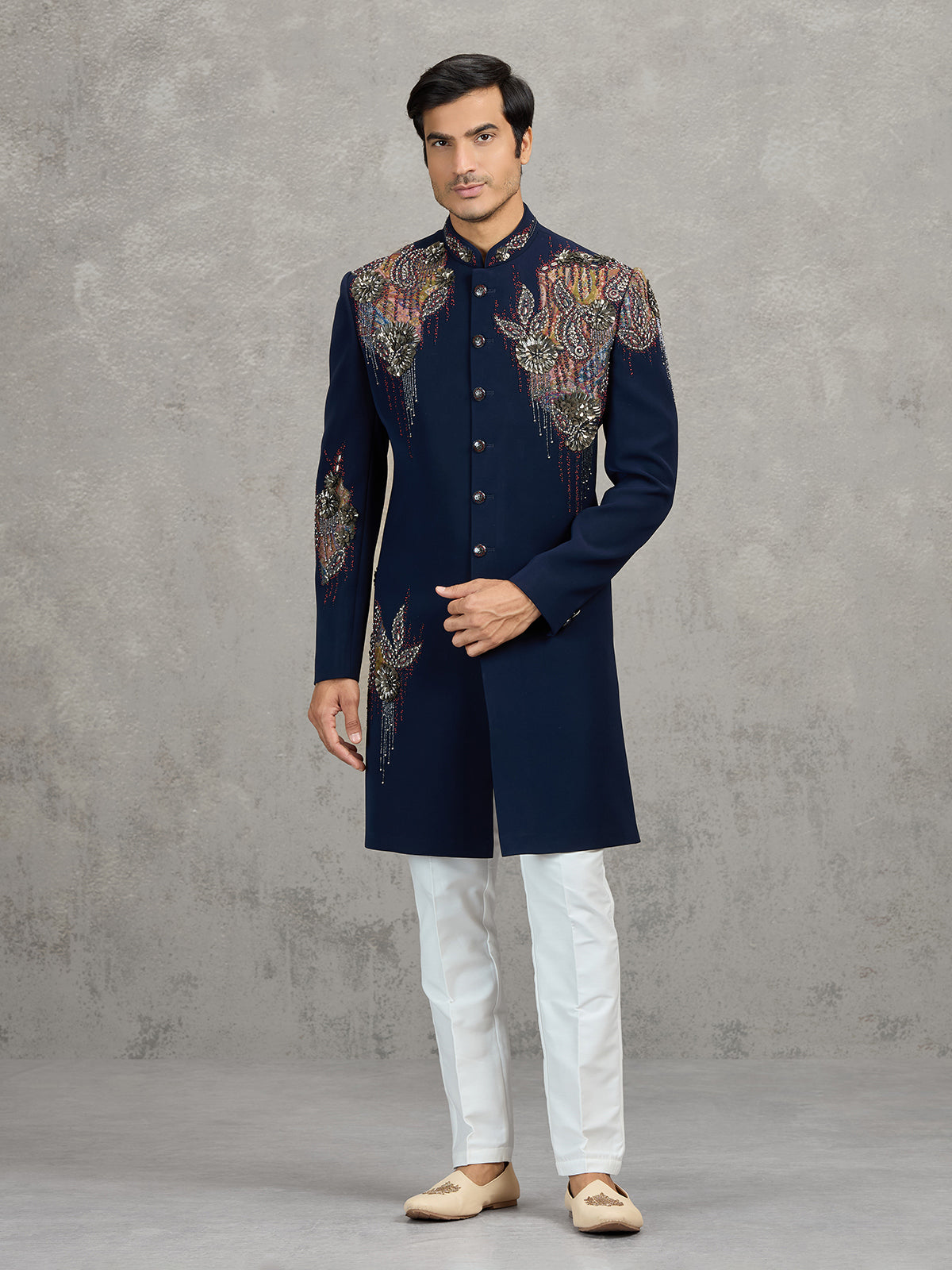 Navy terry rayon indowestern set with heavy embellishment
