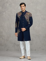 Navy terry rayon indowestern set with heavy embellishment